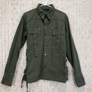 Vintage Serious Clothing Olive Green Button Shirt Sz M Star Graphic Metal Button